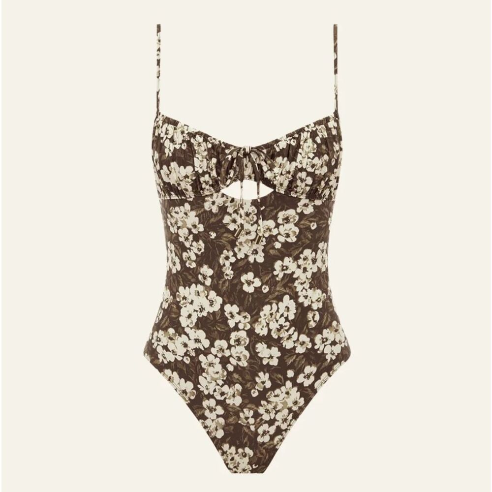 NWT Peony Brown Floral Print Keyhole Adjustable One Piece Swimsuit Sz M